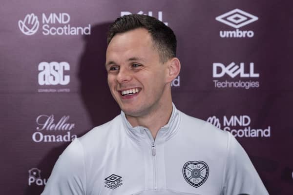 Lawrence Shankland cracks a smile during a media briefing ahead of Hearts' trip to Hibs.
