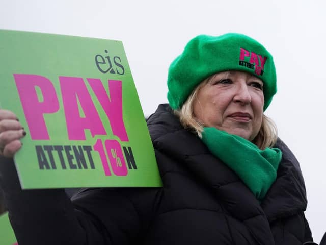 EIS general secretary Andrea Bradley, joins members of the EIS and SSTA unions, on the picket line at St Andrew's and St Brides High School in South Lanarkshire. Picture: Andrew Milligan/PA Wire