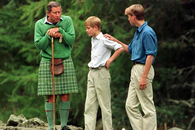 The Prince of Wales would holiday with his sons Prince William and Prince Harry to Scotland, as pictured at the Falls of Muick on the Balmoral estate. Image: PA