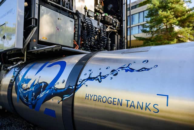 A hydrogen tank on a prototype GenH2 truck of the Daimler Truck Holding AG during a presentation in Berlin earlier this year (Picture: John Macdougall/AFP via Getty Images)