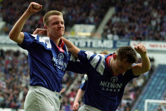David Hagen, left, celebrates a goal against Partick Thistle in 1993 with Rangers team-mate Gary McSwegan.