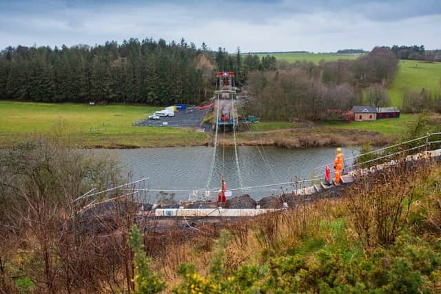 The current stage of restoration works on the Union Chain Bridge. View from English side look back across to Scottish side of River Tweed (Photo: Phil Wilkinson).