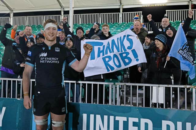 Rob Harley says farewell to the Glasgow Warriors fans after the final home game of the season. (Photo by Craig Williamson / SNS Group)