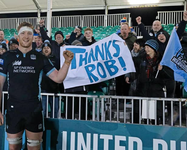 Rob Harley says farewell to the Glasgow Warriors fans after the final home game of the season. (Photo by Craig Williamson / SNS Group)