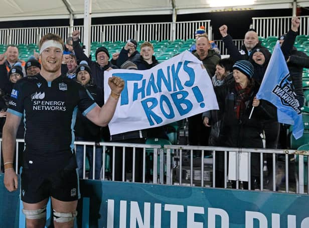 Rob Harley says farewell to the Glasgow Warriors fans after the final home game of the season. (Photo by Craig Williamson / SNS Group)