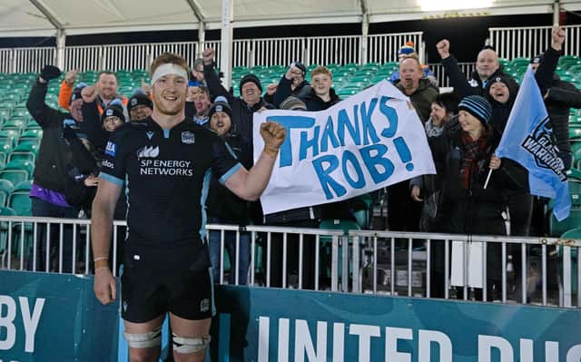 Rob Harley says farewell to the Glasgow Warriors fans after the final home game of the season. (Photo by Craig Williamson / SNS Group)