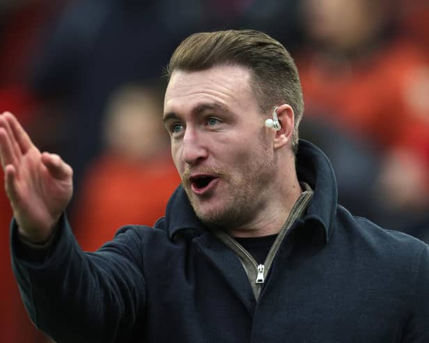 Stuart Hogg, the former Scotland international and Exeter Chiefs player, now TNT rugby pundit looks on during the Premiership Rugby Cup semi final match between Gloucester Rugby and Exeter Chiefs at Kingsholm Stadium on February 17, 2024 in Gloucester, England. (Photo by David Rogers/Getty Images)