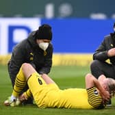 Borussia Dortmund striker Erling Haaland receives treatment for the injury he suffered against Hoffenheim last month and which will see him still sidelined for Thursday night's Europa League game against Rangers at Ibrox. (Photo by Alexander Scheuber/Getty Images)