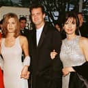 The cast of the hit US TV show Friends from L to R: Lisa Kudrow, Jennifer Aniston, Matthew Perry and Courtney Cox pose for photographers as they arrive for the 53rd Annual Golden Globe Awards in 1996. Picture: Mike Nelson/AFP via Getty Images