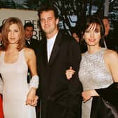 The cast of the hit US TV show Friends from L to R: Lisa Kudrow, Jennifer Aniston, Matthew Perry and Courtney Cox pose for photographers as they arrive for the 53rd Annual Golden Globe Awards in 1996. Picture: Mike Nelson/AFP via Getty Images