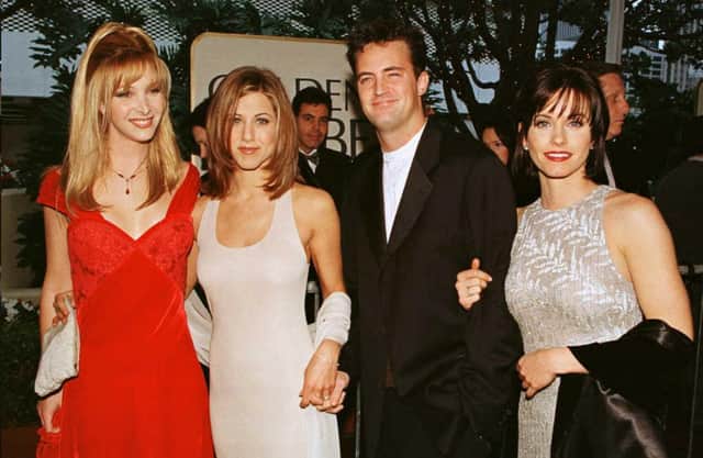 The cast of the hit US TV show Friends from L to R: Lisa Kudrow, Jennifer Aniston, Matthew Perry and Courtney Cox pose for photographers as they arrive for the 53rd Annual Golden Globe Awards in 1996. Picture: Mike Nelson/AFP via Getty Images