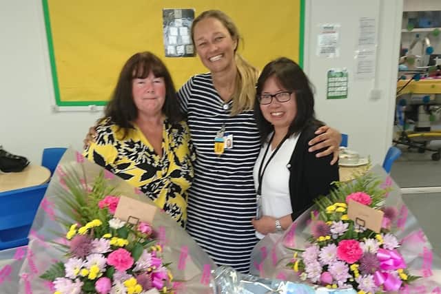 Retiring after 43 years of combined service: L-R: Ann Ruxton, Kerry Dalton head teacher, Norma Bisset