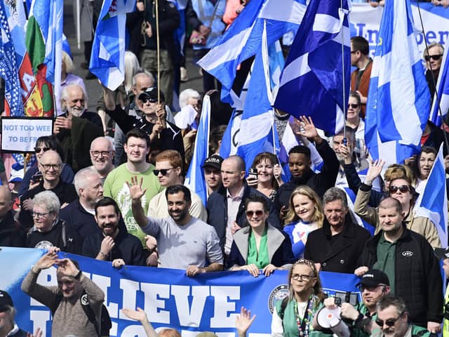 First Minister Humza Yousaf at a march and rally for independence in Glasgow on Saturday. Picture: John Devlin