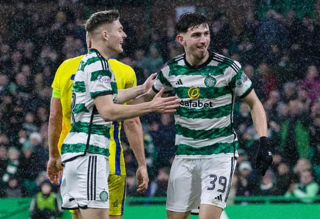 Celtic's Rocco Vata (right) celebrates with Daniel Kelly after making it 5-0 during a Scottish Gas Scottish Cup fourth round match between Celtic and Buckie Thistle. (Photo by Craig Williamson / SNS Group)