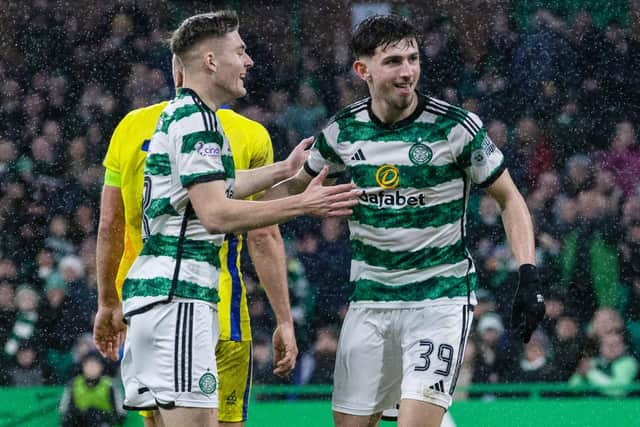 Celtic's Rocco Vata (right) celebrates with Daniel Kelly after making it 5-0 during a Scottish Gas Scottish Cup fourth round match between Celtic and Buckie Thistle. (Photo by Craig Williamson / SNS Group)