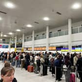 Queues at Gatwick South Terminal at 10:39hrs on Wednesday. More than 150 UK flights were cancelled on Wednesday and passengers who could travel were forced to wait in long queues at airports. Picture date: Wednesday June 1, 2022.