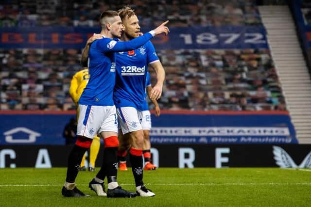 Scott Arfield celebrates with provider Ryan Kent after scoring to make it 1-0 during the Scottish Premiership match. (Photo by Alan Harvey / SNS Group)