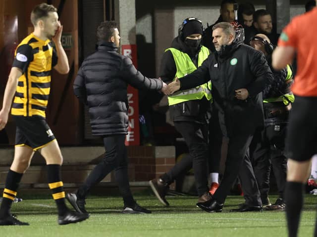 Alloa manager Barry Ferguson shakes hands with Celtic boss Ange Postecoglu after the Scottish Cup tie at the Indodrill Stadium.  (Photo by Alan Harvey / SNS Group)
