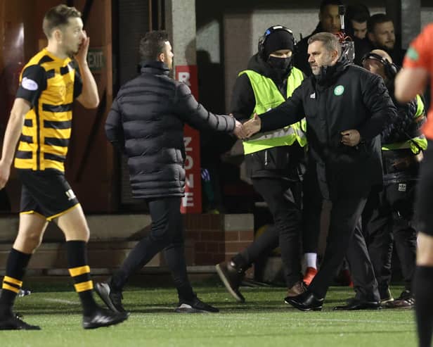 Alloa manager Barry Ferguson shakes hands with Celtic boss Ange Postecoglu after the Scottish Cup tie at the Indodrill Stadium.  (Photo by Alan Harvey / SNS Group)