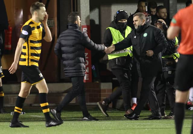 Alloa manager Barry Ferguson shakes hands with Celtic boss Ange Postecoglu after the Scottish Cup tie at the Indodrill Stadium.  (Photo by Alan Harvey / SNS Group)