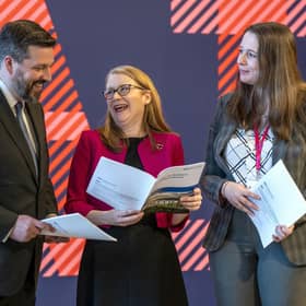 Social justice secretary Shirley-Anne Somerville with minister for migration and refugees Emma Roddick (right) and minister for independence Jamie Hepburn (left) at the launch of the sixth paper in the Building a New Scotland series, at the V&A in Dundee. Picture: Jane Barlow/PA Wire