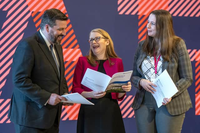 Social justice secretary Shirley-Anne Somerville with minister for migration and refugees Emma Roddick (right) and minister for independence Jamie Hepburn (left) at the launch of the sixth paper in the Building a New Scotland series, at the V&A in Dundee. Picture: Jane Barlow/PA Wire