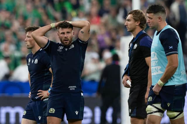 Scotland's George Horne, Ali Price, Jamie Ritchie and Grant Gilchrist all look dejected after exiting the Rugby World Cup following defeat to Ireland in Paris. (Photo by Craig Williamson / SNS Group)