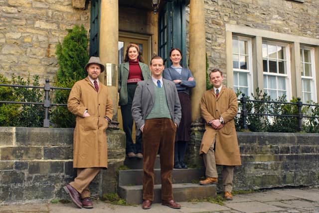 All Creatures Great and Small. Pictured: Samuel West as Siegfried Farnon, Nicholas Ralph as James Herriot, Callum Woodhouse as Tristan Farnon, Rachel Shenton as Helen Alderson, Anna Madeley as Mrs Hall.