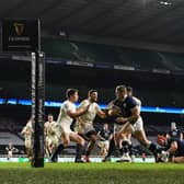 Scotland winger Duhan van der Merwe bursts through the England defence on his way to scoring the only try of the match in the 11-6 win at Twickenham. Picture: Mike Hewitt/Getty Images