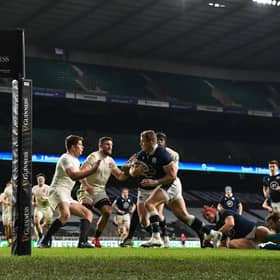 Scotland winger Duhan van der Merwe bursts through the England defence on his way to scoring the only try of the match in the 11-6 win at Twickenham. Picture: Mike Hewitt/Getty Images