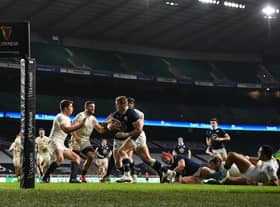 Scotland winger Duhan van der Merwe bursts through the England defence on his way to scoring the only try of the match in the 11-6 win at Twickenham. Picture: Mike Hewitt/Getty Images