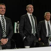 From left - Celtic manager Brendan Rodgers, chief executive Michael Nicholson and non-executive chairman Peter Lawwell (R) at the Celtic AGM. (Photo by Craig Williamson / SNS Group)