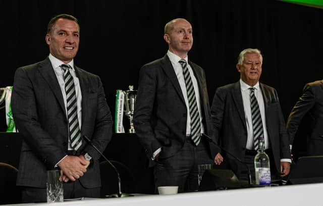 From left - Celtic manager Brendan Rodgers, chief executive Michael Nicholson and non-executive chairman Peter Lawwell (R) at the Celtic AGM. (Photo by Craig Williamson / SNS Group)
