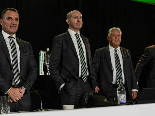 From left - Celtic manager Brendan Rodgers, chief executive Michael Nicholson and non-executive chairman Peter Lawwell (R) at the Celtic AGM. (Photo by Craig Williamson / SNS Group)