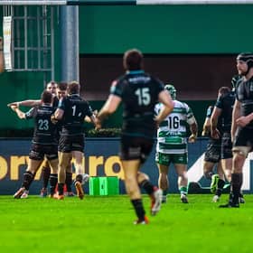 Glasgow celebrate Tom Jordan's try in the win over Benetton. Photo by Luca Sighinolfi/INPHO/Shutterstock (14372045aw)
