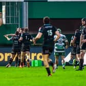 Glasgow celebrate Tom Jordan's try in the win over Benetton. Photo by Luca Sighinolfi/INPHO/Shutterstock (14372045aw)