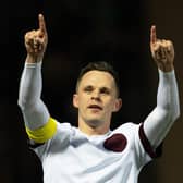 Lawrence Shankland celebrates after scoring his and Hearts' second goal in the win at Motherwell. (Photo by Craig Williamson / SNS Group)