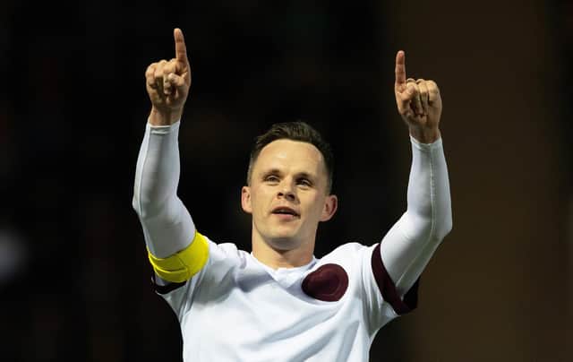 Lawrence Shankland celebrates after scoring his and Hearts' second goal in the win at Motherwell. (Photo by Craig Williamson / SNS Group)