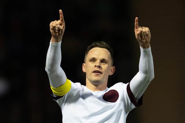 Lawrence Shankland celebrates after scoring his and Hearts' second goal in the win at Motherwell. (Photo by Craig Williamson / SNS Group)