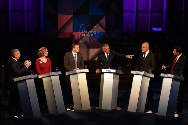 Scottish Liberal Democrat leader Alex Cole-Hamilton, Scottish Green Party co-leader Lorna Slater, Scottish Conservative leader Douglas Ross, presenter Stephen Jardine, SNP leader John Swinney and Scottish Labour leader Anas Sarwar (Photo by Jane Barlow/PA Wire)