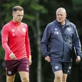 Hearts head coach Frankie McAvoy (right) insists he has had no indication that captain Lawrence Shankland (left) is on the brink of leaving the club amid rumoured interest from England and Saudi Arabia. (Photo by Mark Scates / SNS Group)