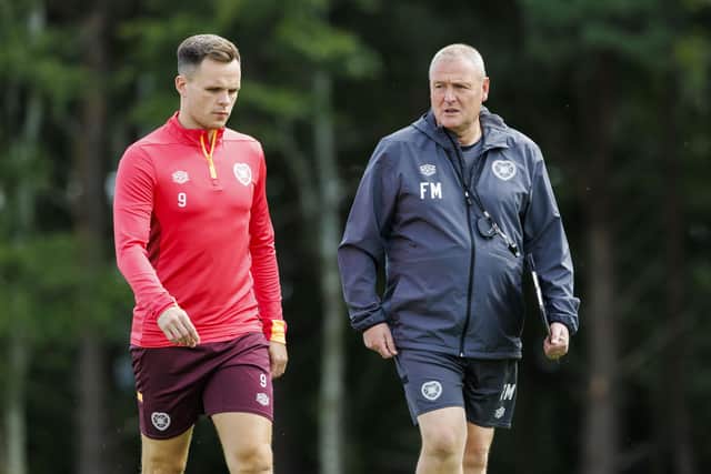Hearts head coach Frankie McAvoy (right) insists he has had no indication that captain Lawrence Shankland (left) is on the brink of leaving the club amid rumoured interest from England and Saudi Arabia. (Photo by Mark Scates / SNS Group)