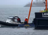 The crane ship Lara 1, from Liverpool, starts the salvage operation