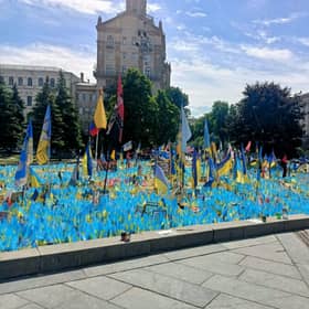 Flags are laid to remember fallen soldiers in Kyiv's Independence Square. Picture: Olga Kuzina
