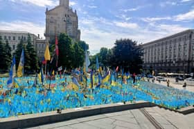 Flags are laid to remember fallen soldiers in Kyiv's Independence Square. Picture: Olga Kuzina