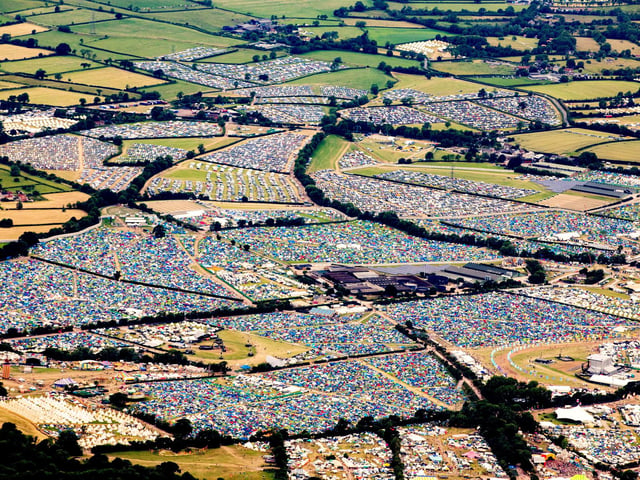 Aerial view of the Glastonbury Festival site in Somerset, England, June 23, 2022, where fans have descended for the first time in three years.  See SWNS story SWBRglasto.   More than 200,000 festival-goers will arrive at Worthy Farm in Somerset for the event, headlined by Billie Eilish, Sir Paul McCartney and Kendrick Lamar.  