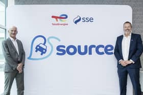 Mathieu Soulas of TotalEnergies and SSE's Neil Kirkby, launching the new Source EV charging brand. Picture: Dean Whiting