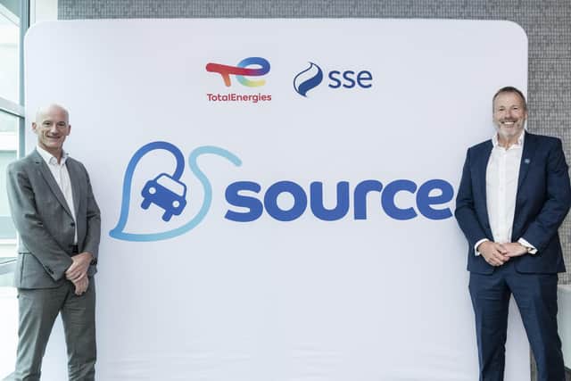 Mathieu Soulas of TotalEnergies and SSE's Neil Kirkby, launching the new Source EV charging brand. Picture: Dean Whiting