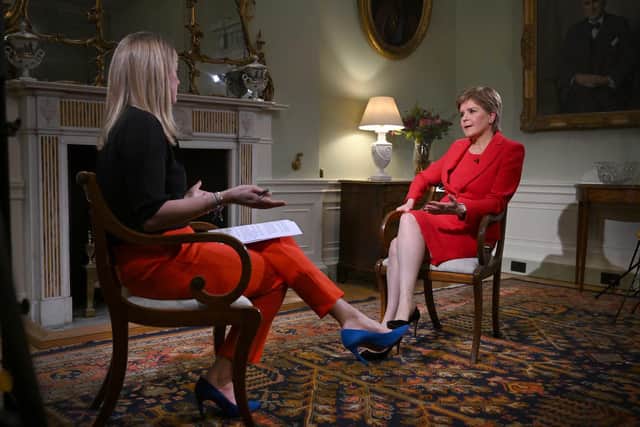 First Minister of Scotland Nicola Sturgeon being interviewed by Laura Kuenssberg for the BBC 1 current affairs programme, Sunday With Laura Kuenssberg.
