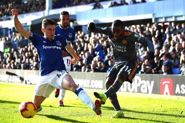 Jonjoe Kenny flies into a tackle on Leicester City's Ricardo Pereira during a Premier League encounter two years ago. (Photo by Clive Brunskill/Getty Images)